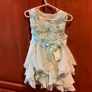 Kids Turquoise dress with floral design and silver sequence Size - 4
